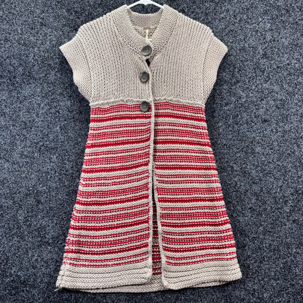 Free People Striped Chunky Knit Longline Sweater Vest Red Beige Cotton Small